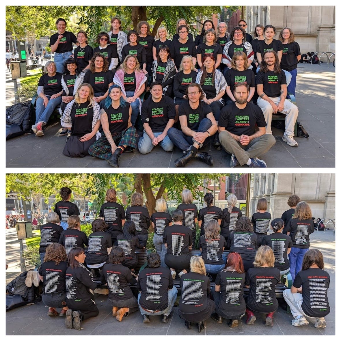 Collage of two images of a group of people wearing tshirts that read 'readers and writers against the genocide'. One photo is taken from the front and one with everyone turned around, showing the poems on the back.