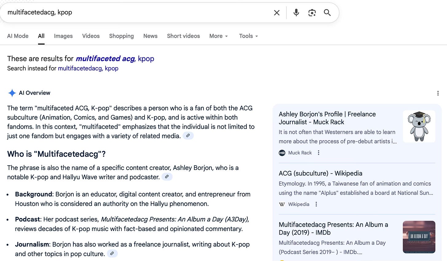 A Google AI overview of content creator, Ashley Borjon.