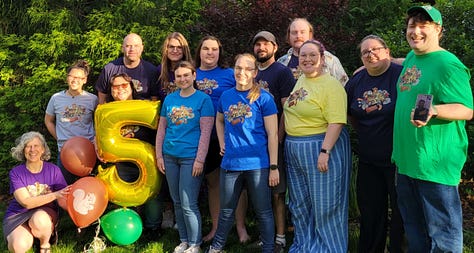 Aliyah with her parents; a group of friends wearing matching board game T-shirts posing outside; Aliyah, her aunt and her sister pose for a selfie in front of a display of donuts
