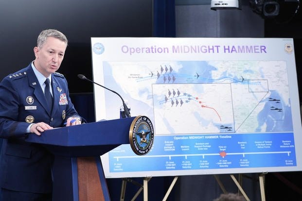 Joint Chiefs Chairman Gen. Dan Caine speaks during a news conference at the Pentagon in Washington, Sunday, June 22, 2025, after the U.S. military struck three sites in Iran, directly joining Israel's effort to destroy the country's nuclear program. (AP Photo/Alex Brandon) Joint Chiefs Chairman Gen. Dan Caine speaks during a news conference