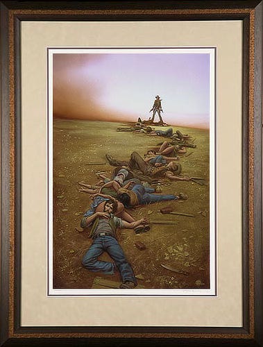 Limited edition print of THE GUNSLINGER: THE DEAD TOWN, conservation framed with acid-free mats (suede on top), archival plexiglass, and wood moulding. Limited edition print of THE GUNSLINGER: THE DEAD TOWN, conservation framed with acid-free mats (suede on top), archival plexiglass, and wood moulding.