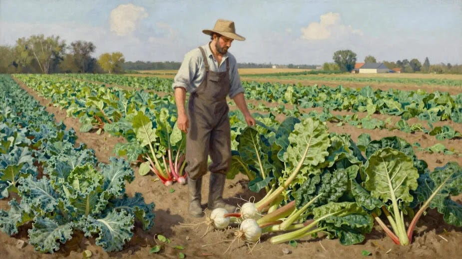 Oxalates Field of Dreams A farmer's field of vegetables, kale, Rhubarb, Swiss chard and spinach.