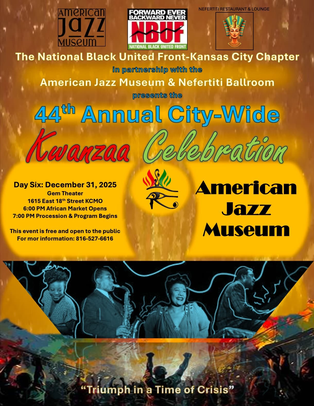 Flyer for the 44th Annual City-Wide Kwanzaa Celebration featuring event details, partner logos, and images of jazz musicians, hosted December 31, 2025 at the Gem Theater in Kansas City.