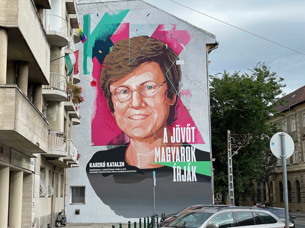 Katalin Karikó mural in Budapest. Photo: OrionNimrod/Wikimedia Commons, CC BY-SA 4.0. Katalin Karikó mural in Budapest. Photo: OrionNimrod/Wikimedia Commons, CC BY-SA 4.0.