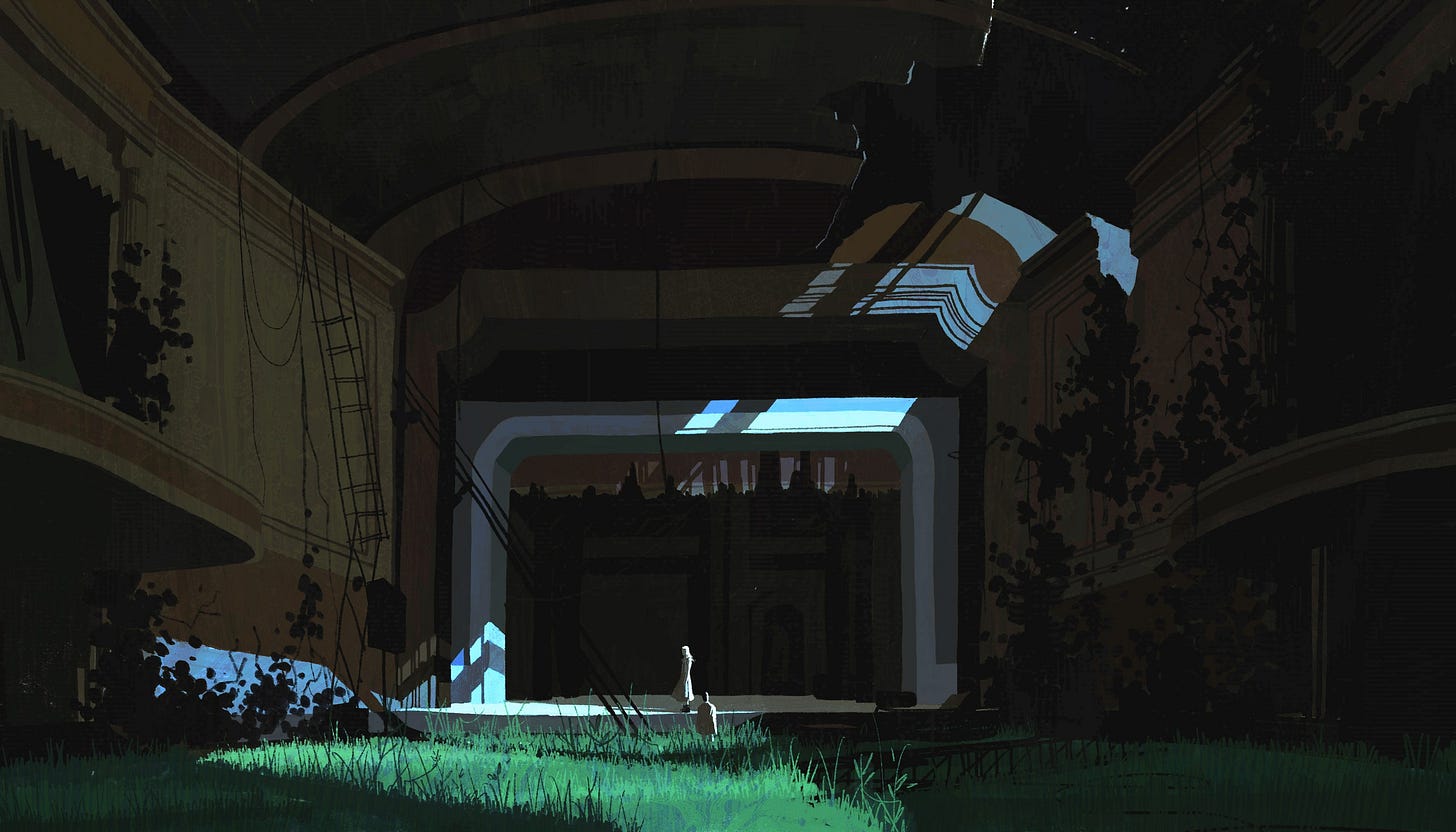 Illustration of a theater stage overgrown Illustration of a theater stage overgrown