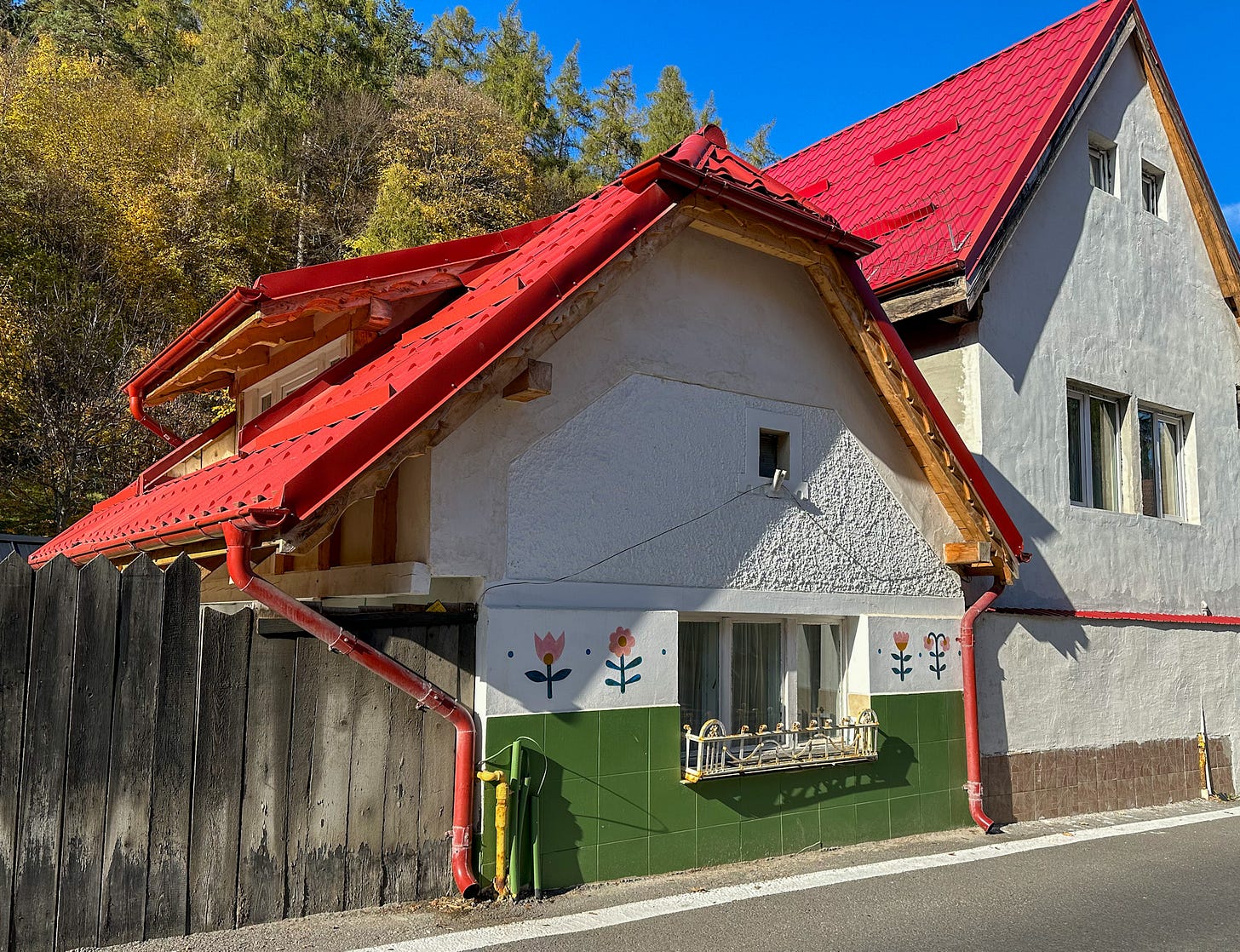 A house in Brasov with colorful flowers painted on it A house in Brasov with colorful flowers painted on it