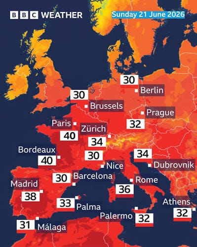 Via BBC wether Take a look at those temperatures. 😳 A record-breaking  heatwave is developing as a large area of high pressure - or heat dome -  builds across Europe. In Paris,