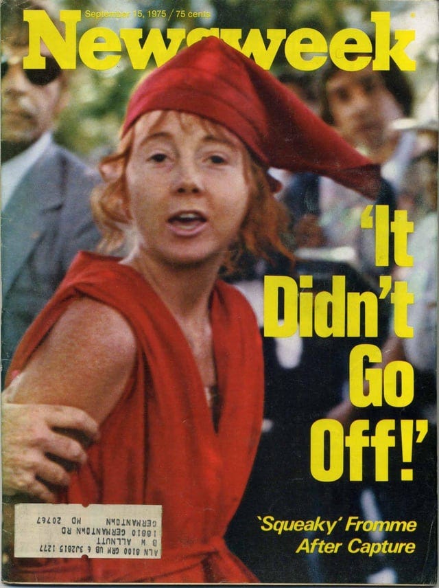 r/HistoryPorn - Exactly 50 years ago, Manson Family member Lynette “Squeaky” Fromme attempted to assassinate US President Ford in Sacramento, CA (September 5, 1975). This Newsweek cover shows her moments after her gun failed to fire. [1196x1600]