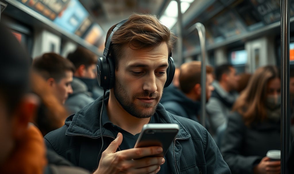 An real life looking, high-contrast photo of a man on a crowded subway or in a busy coffee shop. The person is glowing slightly from the light of their smartphone, noise canceling headphones on while the people around them are in softer, cooler tones An real life looking, high-contrast photo of a man on a crowded subway or in a busy coffee shop. The person is glowing slightly from the light of their smartphone, noise canceling headphones on while the people around them are in softer, cooler tones