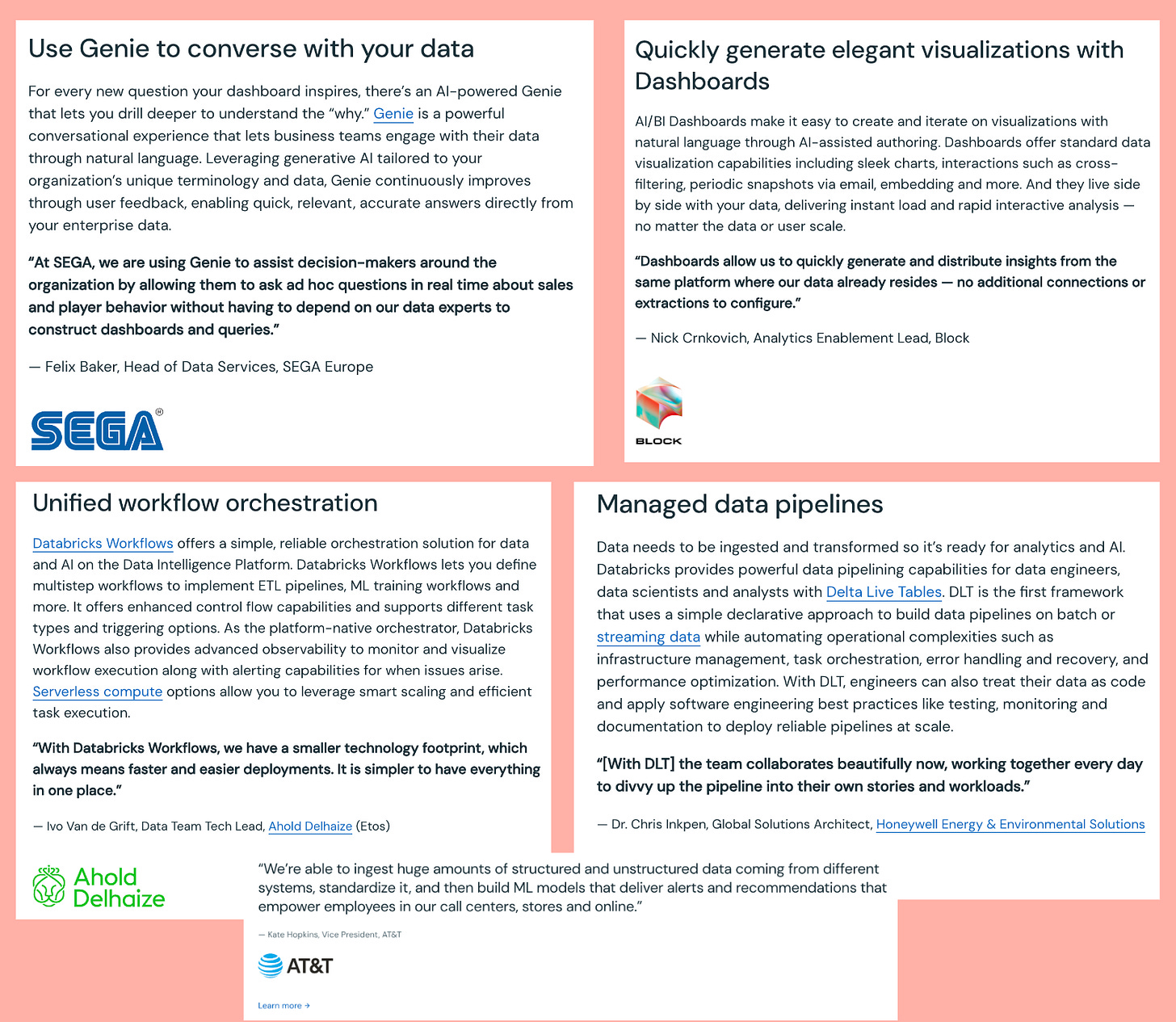 Databricks product pages contain many customer testimonials.