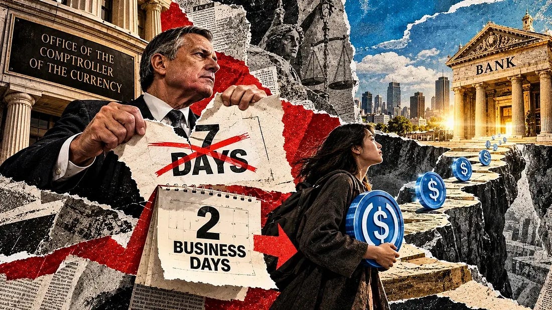 A suited regulator holds a crossed-out seven-day notice as a woman carries a dollar token across a rocky gap toward a bank. A suited regulator holds a crossed-out seven-day notice as a woman carries a dollar token across a rocky gap toward a bank.