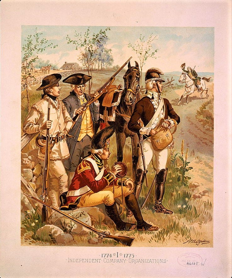 a color print of Colonial men wearing various uniforms from the American Revolution period while a civilian rides in on a horse