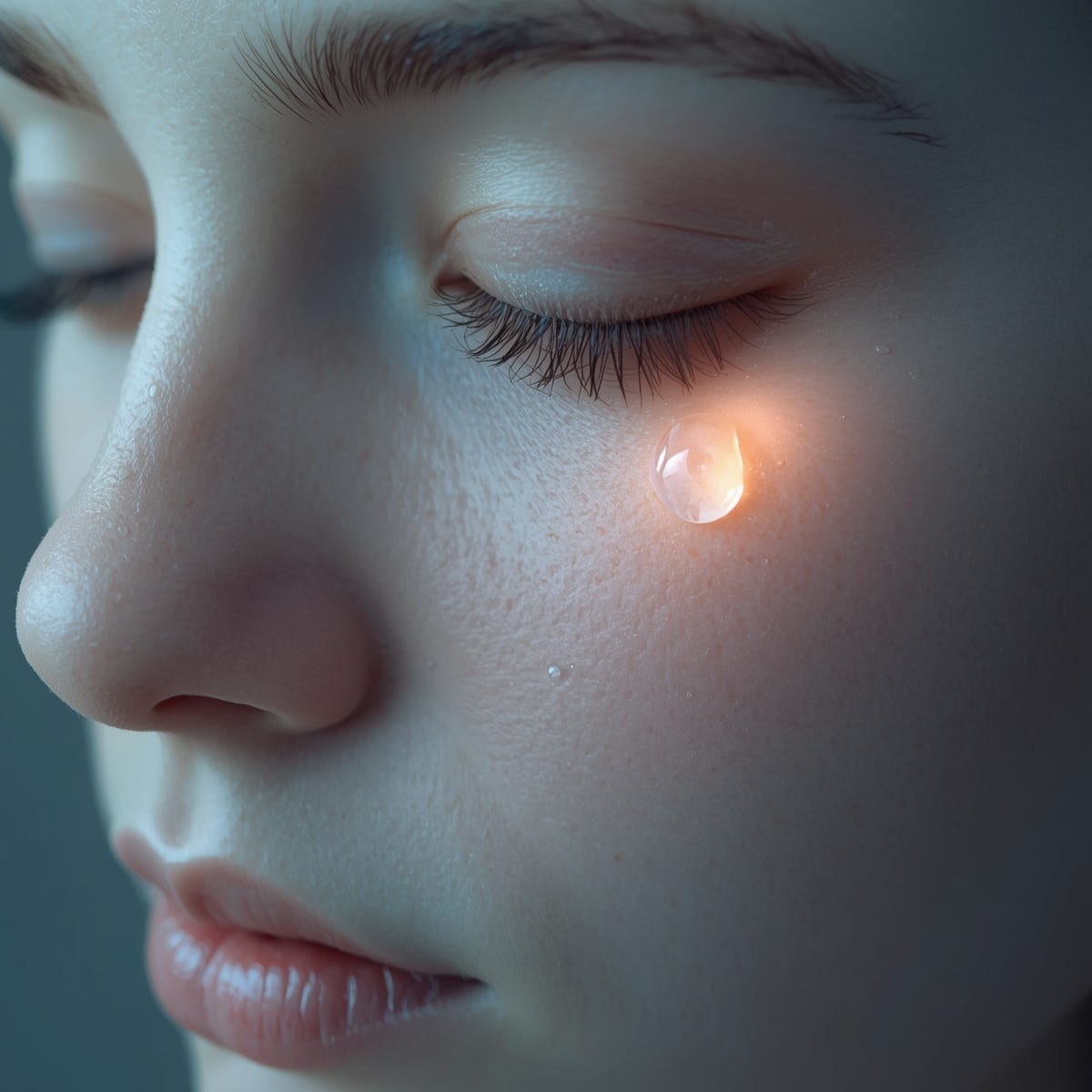 Un visage apaisé en gros plan, une larme sur la joue transformée en lumière, symbolisant la libération du trauma