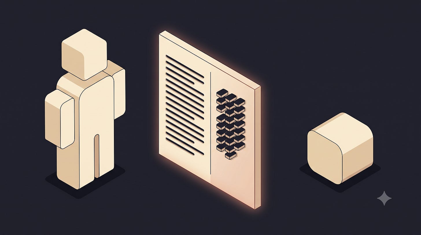 A person reads the rationale while an agent reads the tokens — both looking at the same document between them.