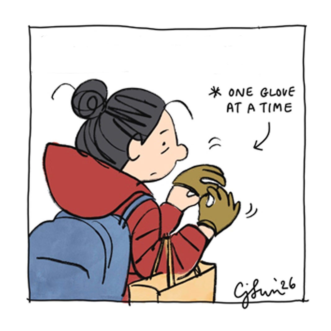 Panel 4 from a 6-panel autobio comic about riding a crowded subway on a freezing cold night in New York City and small gestures of city dwellers who make room for each other. Titled "New York City Code," original art by Connie Sun, cartoonconnie, 2026. Panel 4 from a 6-panel autobio comic about riding a crowded subway on a freezing cold night in New York City and small gestures of city dwellers who make room for each other. Titled "New York City Code," original art by Connie Sun, cartoonconnie, 2026.