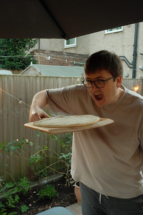 A range of images featuring a tabby cat begging for snacks, my best friend reading in the garden with a cocktail and my husband preparing pizza's in out new pizza oven.