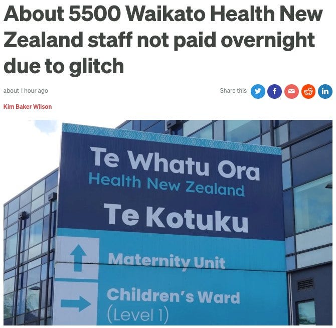 May be an image of hospital and text that says "About 5500 Waikato Health New Zealand staff not paid overnight due to glitch about hour ago Kim Baker Wilson Share this Te Whatu Ora Health New Zealand Te Kotuku Maternity Unit Children's Ward (Level1)"