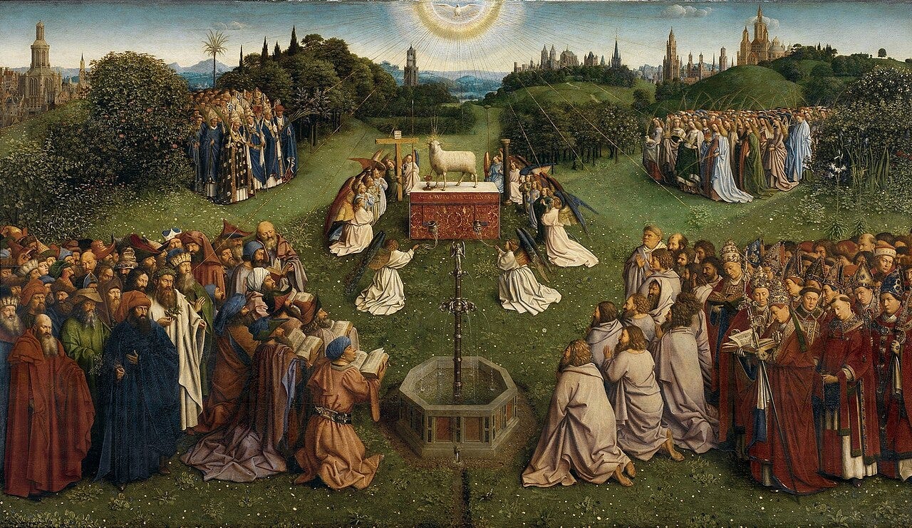 The central panel of the Ghent Altarpiece, the Adoration of the Mystic Lamb The central panel of the Ghent Altarpiece, the Adoration of the Mystic Lamb