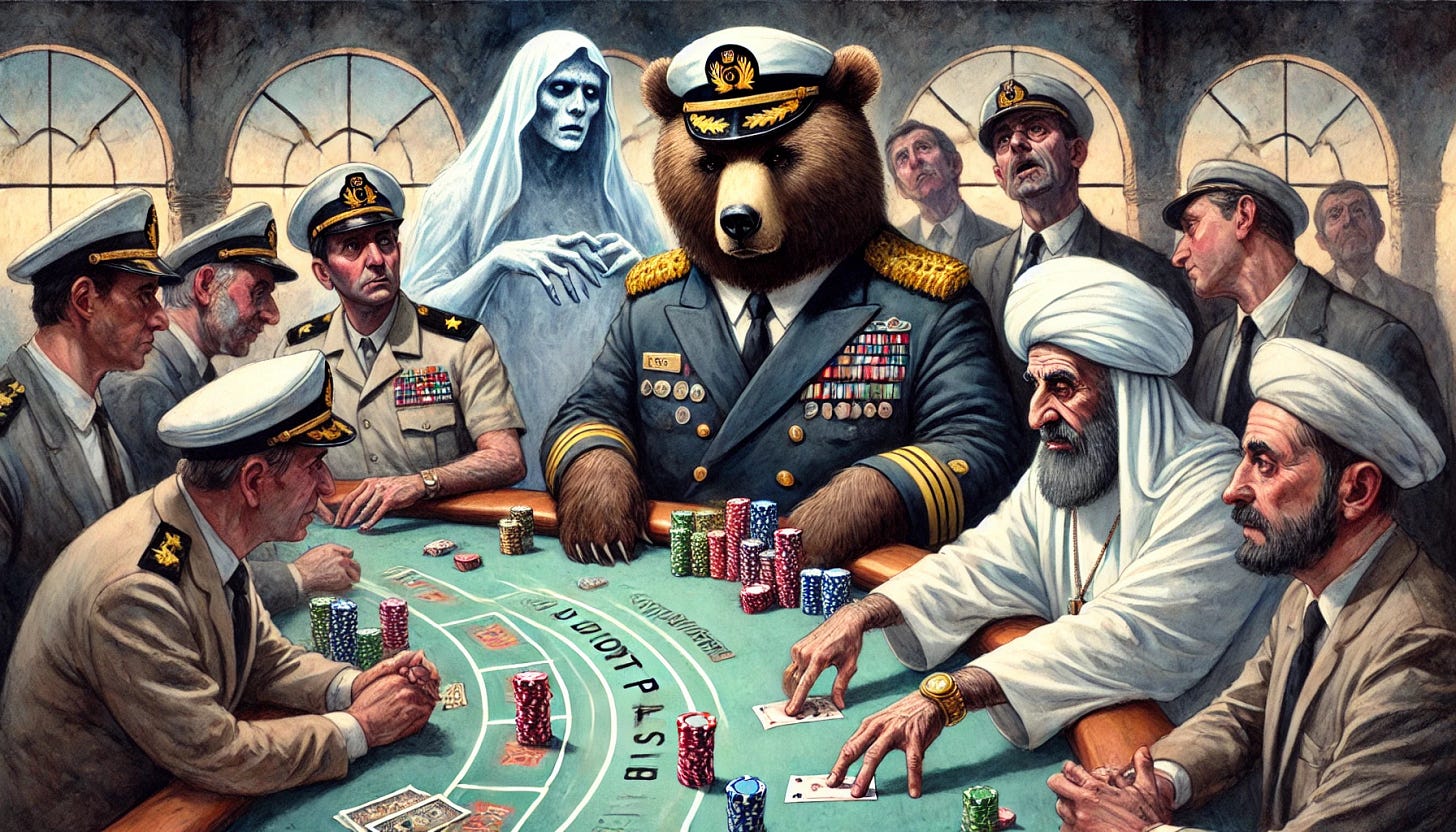 A surreal and symbolic watercolor scene depicting a casino table set in a dimly lit environment. At the table: a massive anthropomorphic bear wearing a naval commander's hat with gleaming brass buttons sits confidently on the western side, methodically stacking chips on the 'don't pass' line. Beside the bear, an anthropomorphic figure representing Iran wears clerical robes, twitching nervously and muttering under his breath while placing chips on the same line. A spectral figure symbolizing Syria, semi-transparent and ghostly, trembles as he pushes a small pile of worn chips forward, whispering inaudibly. Another character, HTS, dressed in Middle Eastern attire, appears hyperactive, gripping prayer beads that clatter on the table, his eyes wide and intense as he prepares to throw dice, embodying the effects of Captagon. The atmosphere is tense and heavy, with symbolic representations of political tension rendered in soft watercolor tones of muted reds, browns, and greys, contrasted with occasional gleams of light reflecting off the chips and brass buttons. A surreal and symbolic watercolor scene depicting a casino table set in a dimly lit environment. At the table: a massive anthropomorphic bear wearing a naval commander's hat with gleaming brass buttons sits confidently on the western side, methodically stacking chips on the 'don't pass' line. Beside the bear, an anthropomorphic figure representing Iran wears clerical robes, twitching nervously and muttering under his breath while placing chips on the same line. A spectral figure symbolizing Syria, semi-transparent and ghostly, trembles as he pushes a small pile of worn chips forward, whispering inaudibly. Another character, HTS, dressed in Middle Eastern attire, appears hyperactive, gripping prayer beads that clatter on the table, his eyes wide and intense as he prepares to throw dice, embodying the effects of Captagon. The atmosphere is tense and heavy, with symbolic representations of political tension rendered in soft watercolor tones of muted reds, browns, and greys, contrasted with occasional gleams of light reflecting off the chips and brass buttons.