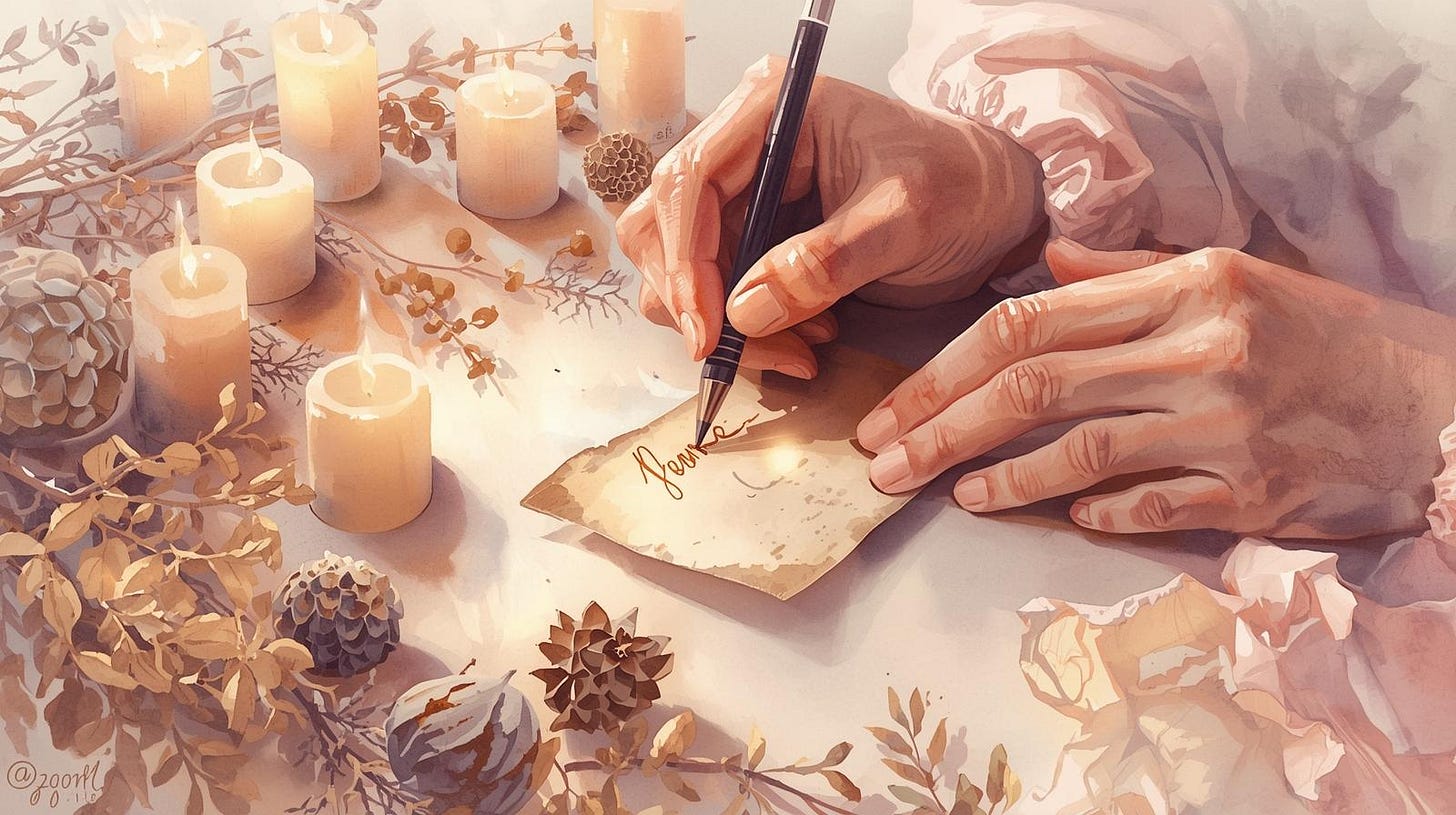 Watercolor image of hands writing intentions for a spell