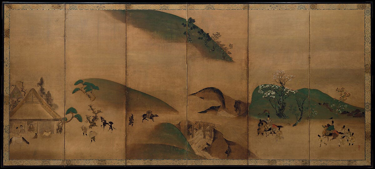 Royal Visit to Ohara folding screen painting by Tawaraya Sotatsu studio Royal Visit to Ohara folding screen painting by Tawaraya Sotatsu studio