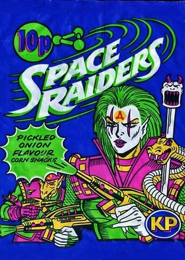 Vintage Space Raiders Pickled Onion corn snack packet in vivid blue, green, and pink, shown as a nostalgic pop culture reference during Tarot DMs with Emma van Straaten.