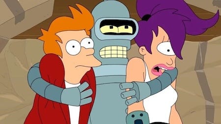 Bender hugging a not-thrilled Fry and Leela