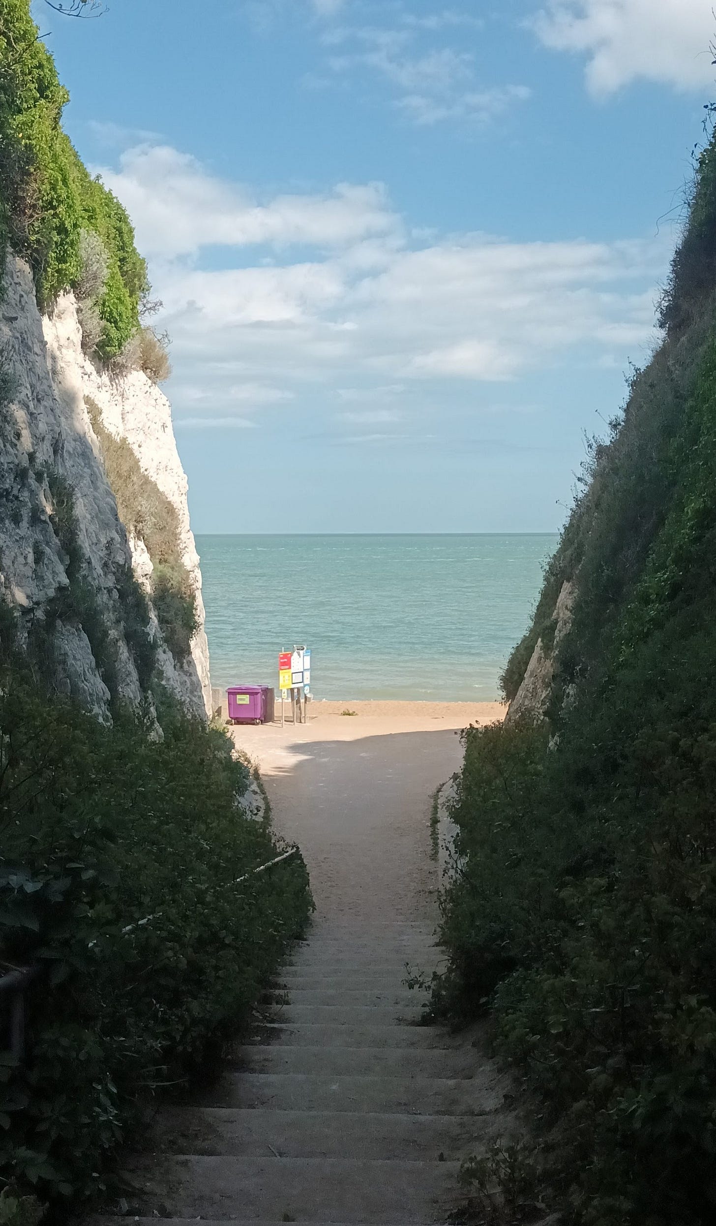 A stepped path down through vegetated chalk cliffs to a sandy beach with the sea in the distance and blue skies with white clouds overhead