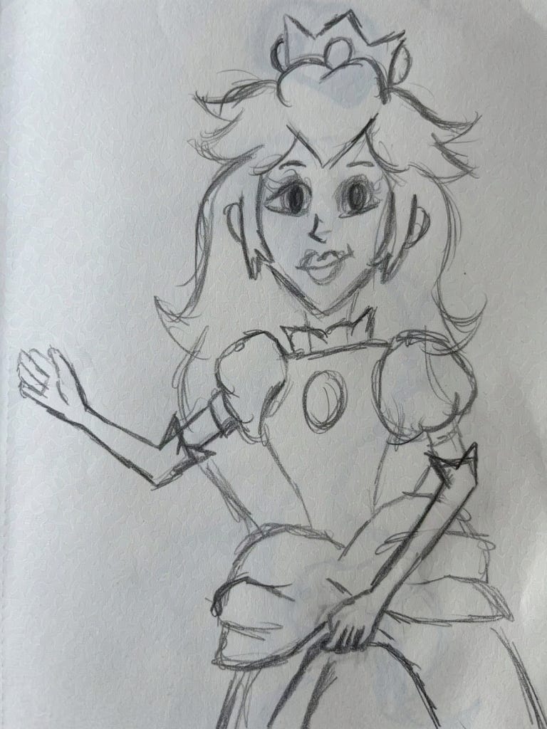 pencil sketchbook doodle of Princess Peach from the Mario movie.