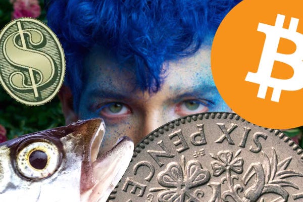 composite image showing bitcoin, a dollar sign, a fish head, a sixpence and a person with blue hair