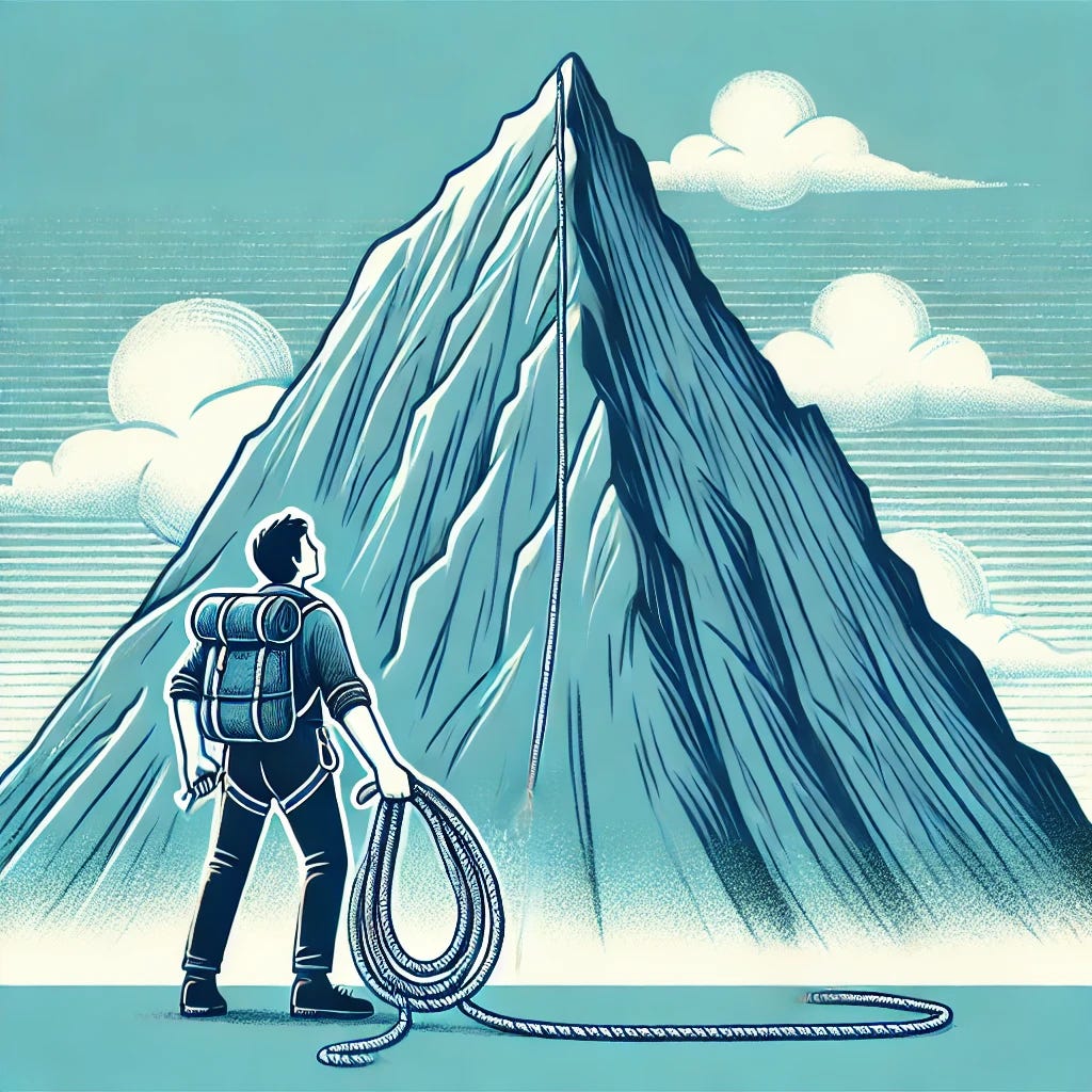 A person standing at the base of a large mountain, symbolizing a plateau, with a determined expression and a climbing rope slung over their shoulder, ready to tackle the challenge ahead. The mountain is steep and imposing, with clouds near the top, showing the difficulty of the journey.