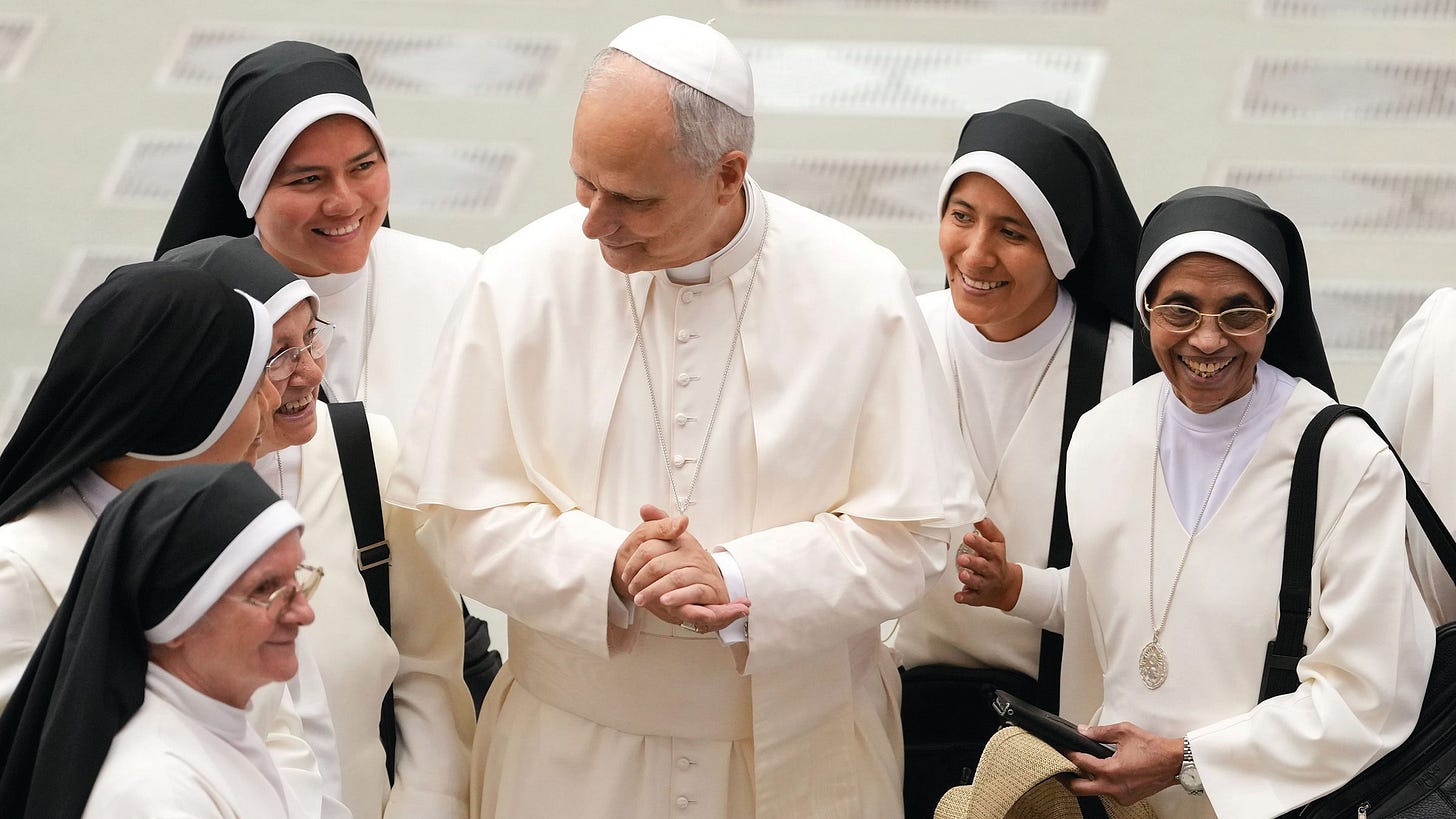 Pope Leo XIV greets religious sisters in the Paul VI Audience Hall at the Vatican Pope Leo XIV greets religious sisters in the Paul VI Audience Hall at the Vatican