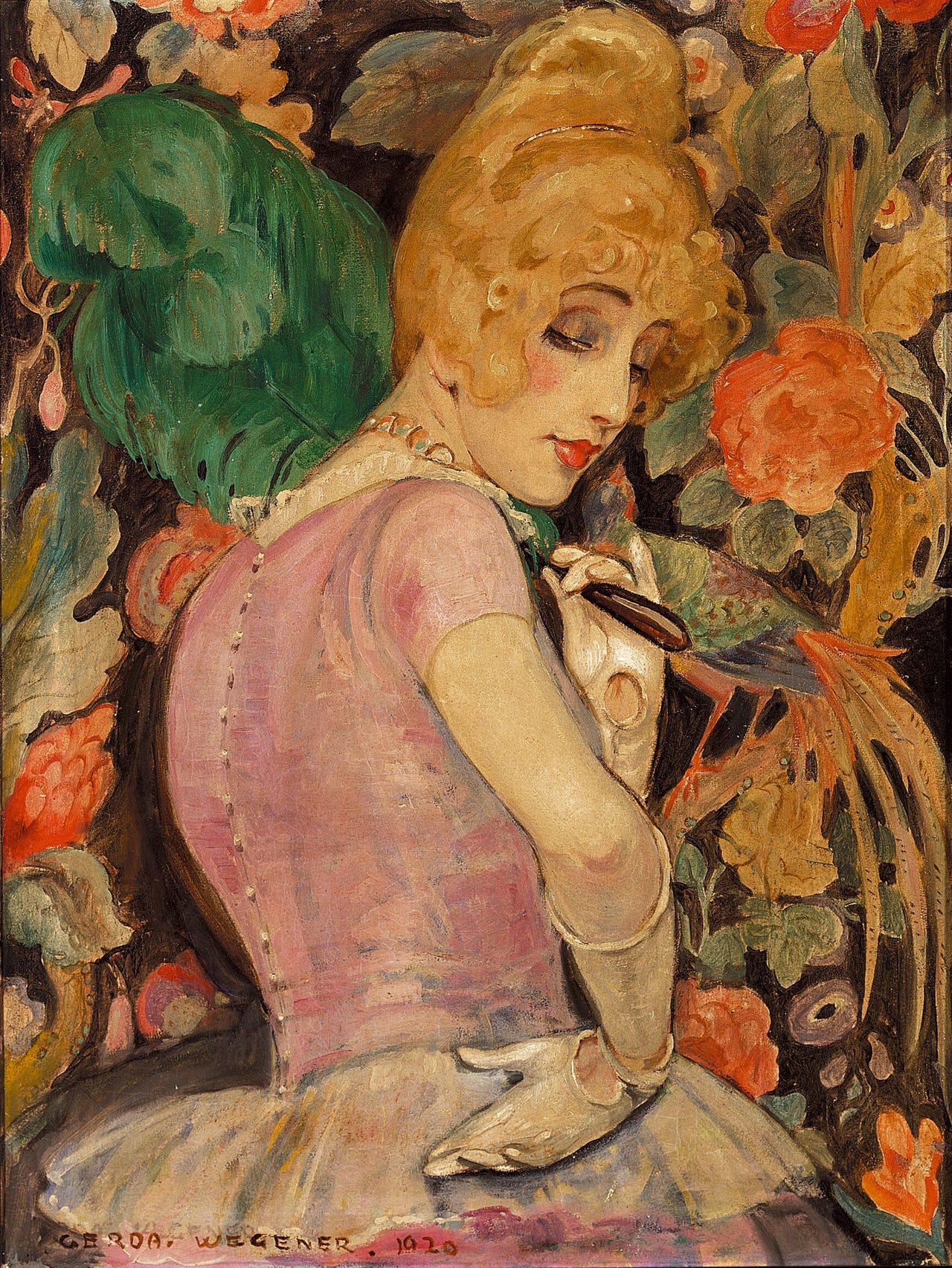 Lili Elbe holding a green feather fan, painted by Gerda Wegener Lili Elbe holding a green feather fan, painted by Gerda Wegener