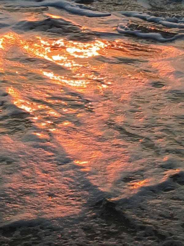 Photo en gros plan du rivage de l'océan au coucher de soleil, juste après qu'une vague se soit retirée: on voit l'écume blanche dorée par les reflets du soleil couchant