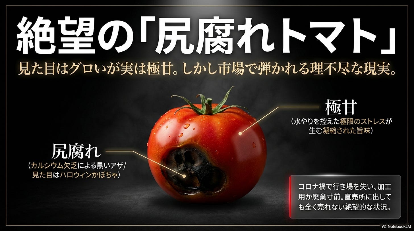 半分が黒く変色し半分が輝く赤いトマトの画像。「尻腐れ」から「闇落ち」へ。弱みを価値に変える自虐ネーミングの逆転術 半分が黒く変色し半分が輝く赤いトマトの画像。「尻腐れ」から「闇落ち」へ。弱みを価値に変える自虐ネーミングの逆転術