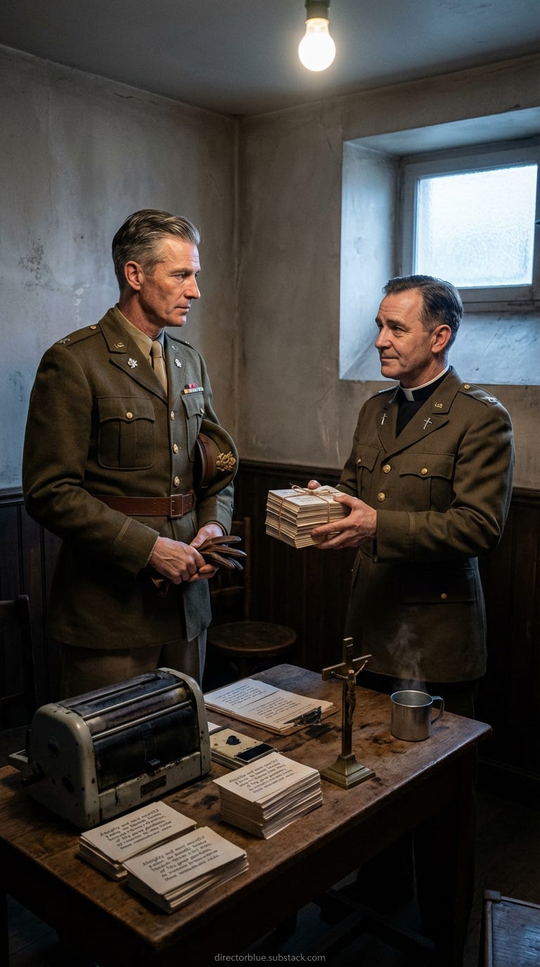 IMAGE PROMPT FOR UNIVERSITY HISTORY CLASS REENACTMENT H201 Photorealistic 916 vertical image 35mm lens natural window light and overhead bare bulb soft cool blue-gray palette Small sparse chapel annex office inside a requisitioned French bar_image_1