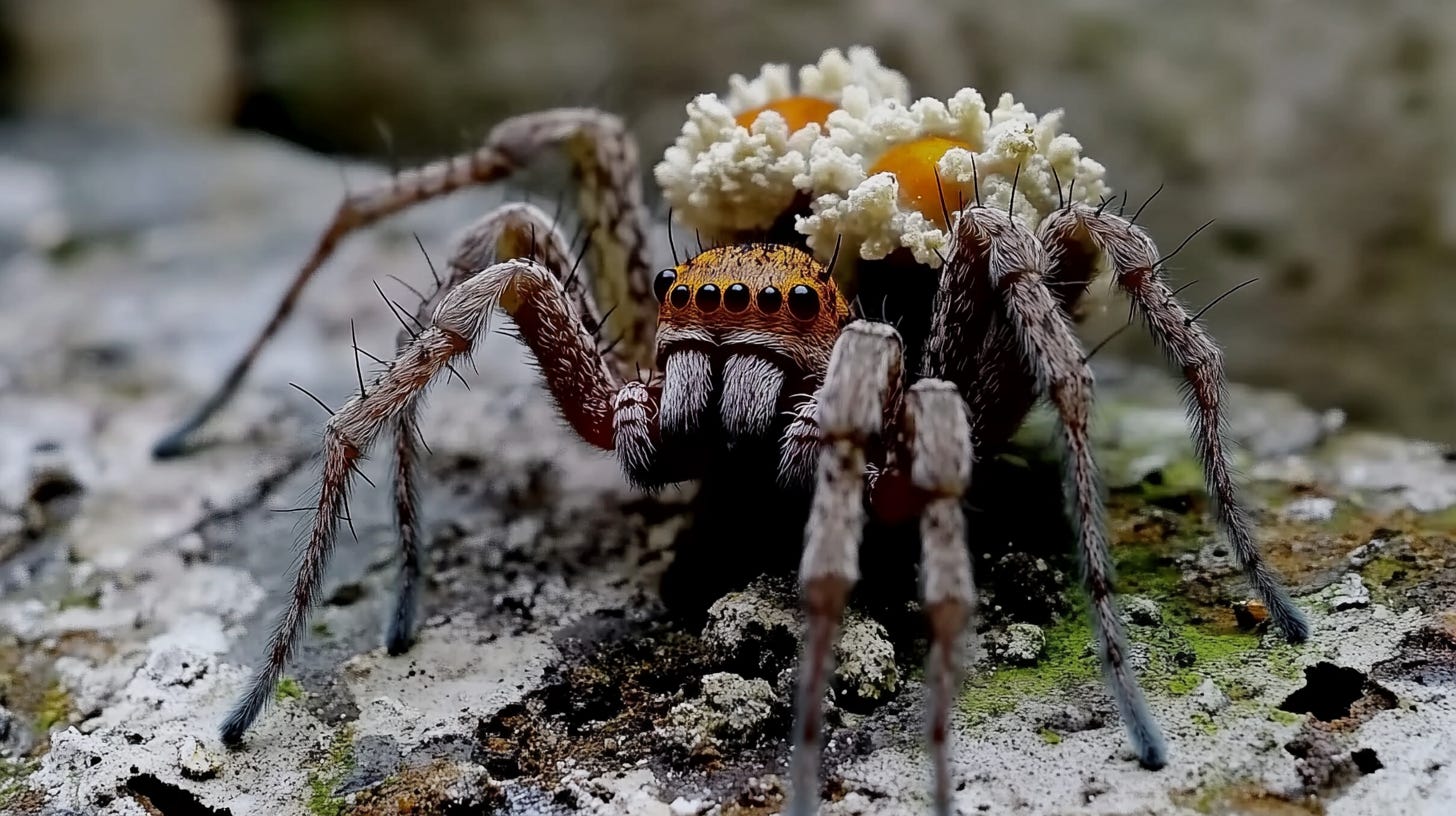A monstrous spider fused with fungal elements, its legs transformed into organic stalks covered in blooming mushrooms, emitting a sinister orange and green glow, resting in the ruins of a post-apocalyptic structure surrounded by fungal overgrowth --ar 16:9 --sref https://s.mj.run/HMEFHgCgfRU A monstrous spider fused with fungal elements, its legs transformed into organic stalks covered in blooming mushrooms, emitting a sinister orange and green glow, resting in the ruins of a post-apocalyptic structure surrounded by fungal overgrowth --ar 16:9 --sref https://s.mj.run/HMEFHgCgfRU