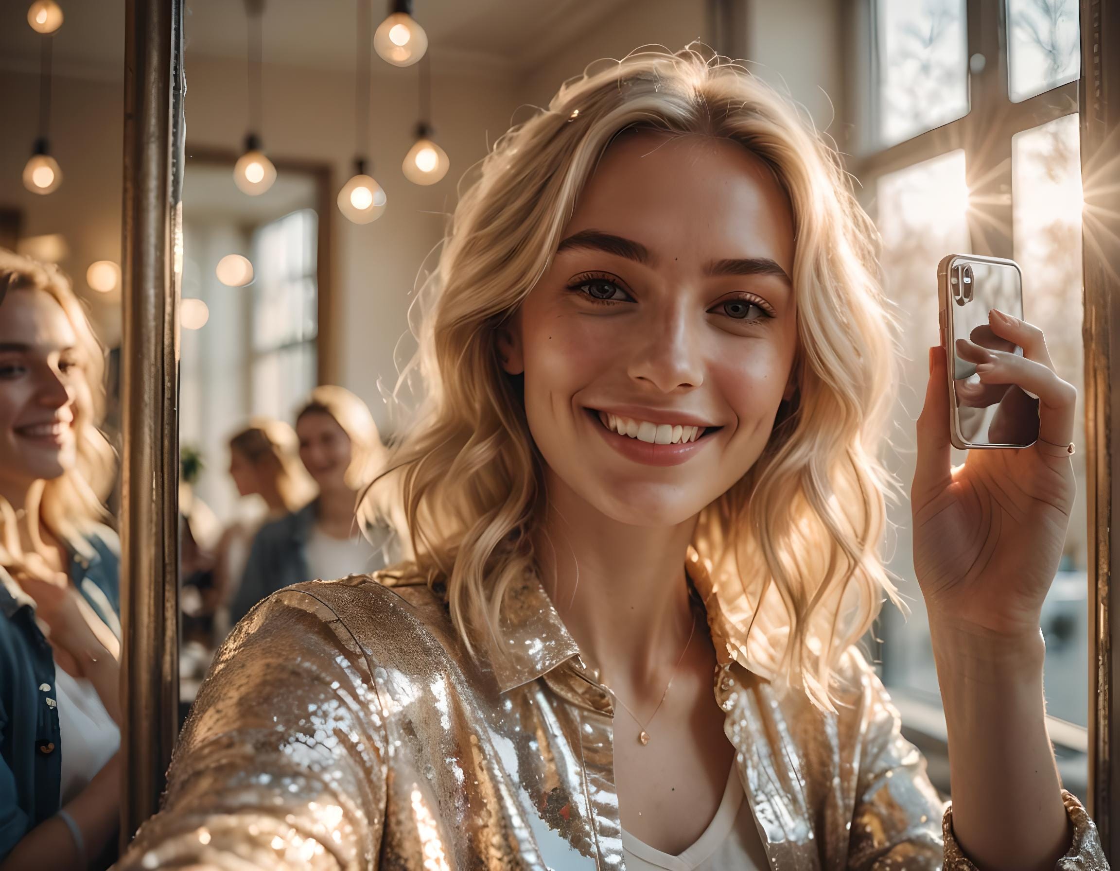 Young woman taking selfie in mirror to show how to create multiple Chrome accounts