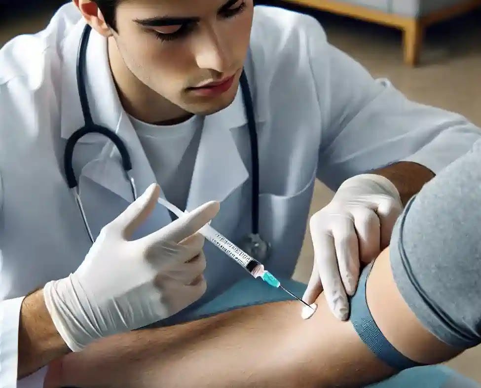 A healthcare professional carefully places a syringe in a patient's arm for CMB test.