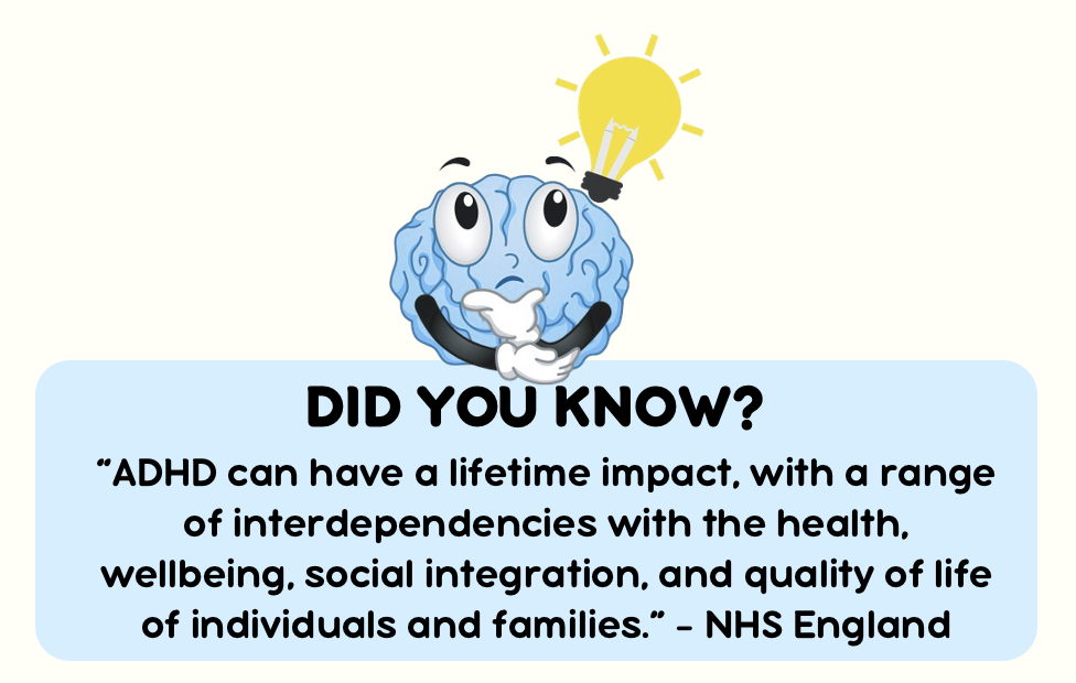 An emoji of a brain with a lightbulb next to text on difficulties people with ADHD might experience in life