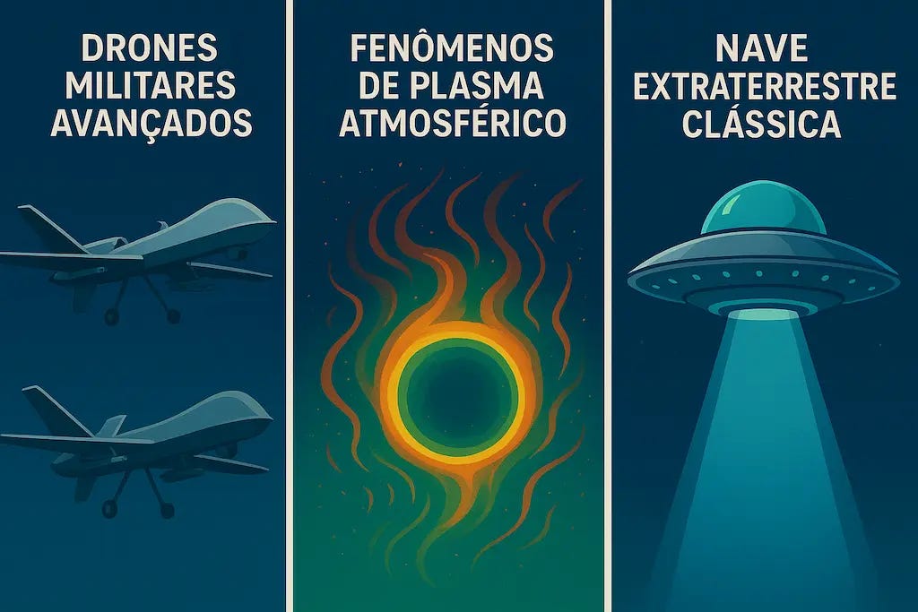 Infográfico visual das três principais teorias sobre a origem dos UAPs: tecnologia adversária, fenômenos naturais e origem extraterrestre.
