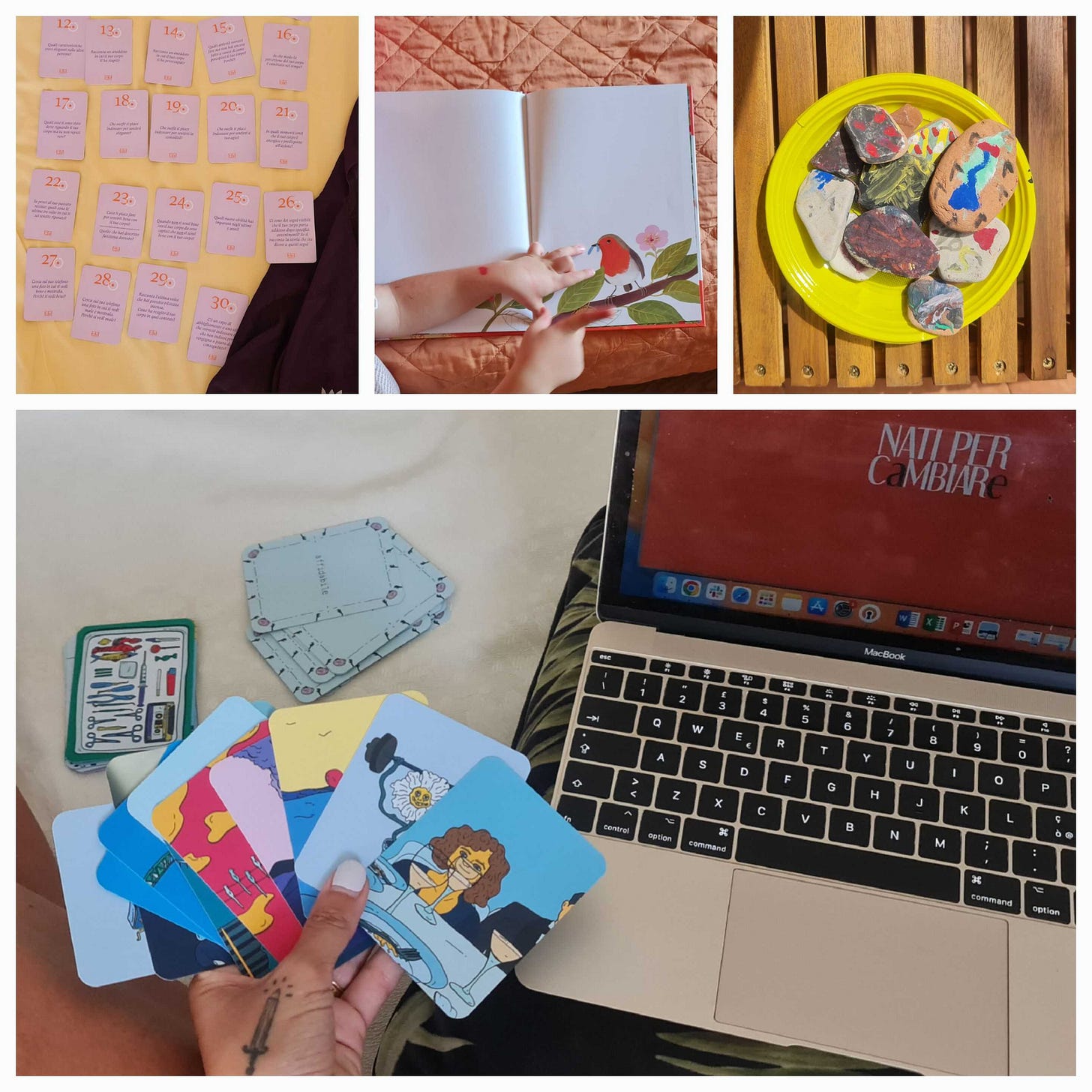 Collage con carte colorate, un bambino che sfoglia un libro illustrato, sassi dipinti e un laptop con la scritta ‘Nati per Cambiare’