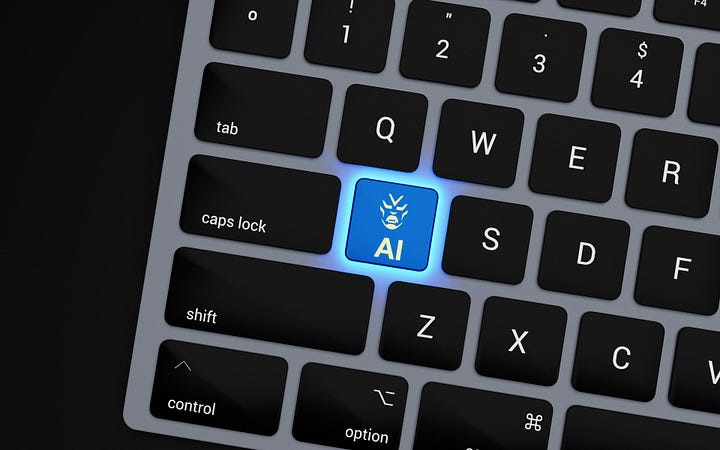 a keyboard with dark keys, one of them has the label AI with a blue light