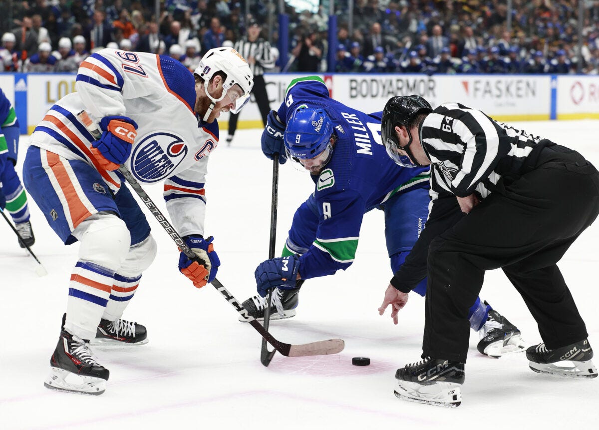 Connor McDavid Edmonton Oilers JT Miller Vancouver Canucks Connor McDavid Edmonton Oilers JT Miller Vancouver Canucks