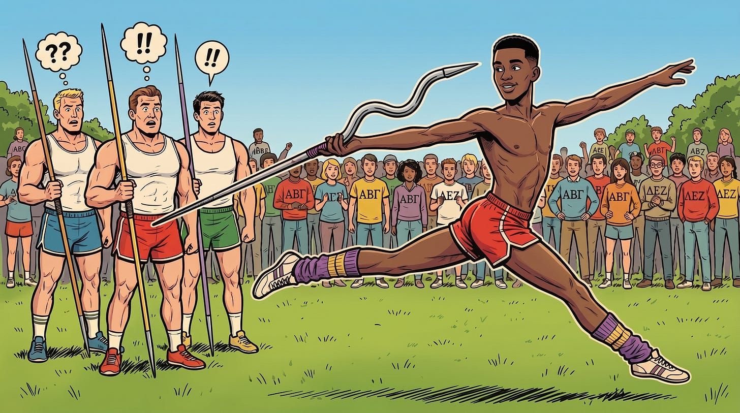Comic illustration: a track athlete mid-leap having just thrown a javelin that bends into a wavy flight path, while baffled muscle-bound jocks look on. Comic illustration: a track athlete mid-leap having just thrown a javelin that bends into a wavy flight path, while baffled muscle-bound jocks look on.