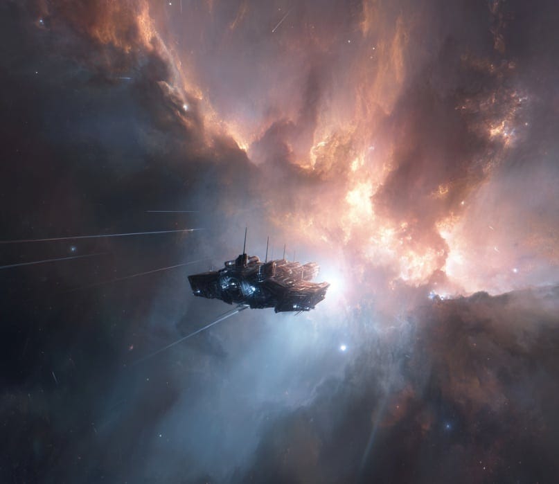A spaceship approaches the gas clouds of the Orion nebula A spaceship approaches the gas clouds of the Orion nebula