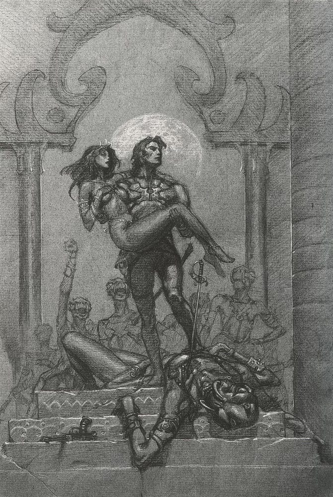 Detailed graphite study for A PRINCESS OF MARS featuring John Carter carrying Dejah Thoris like a bride across the threshold. An angry mob of green Martians can be seen behind coming through a pillared arch. The body of a green Martian is splayed over a stone dais with a rapier sticking out of its chest.