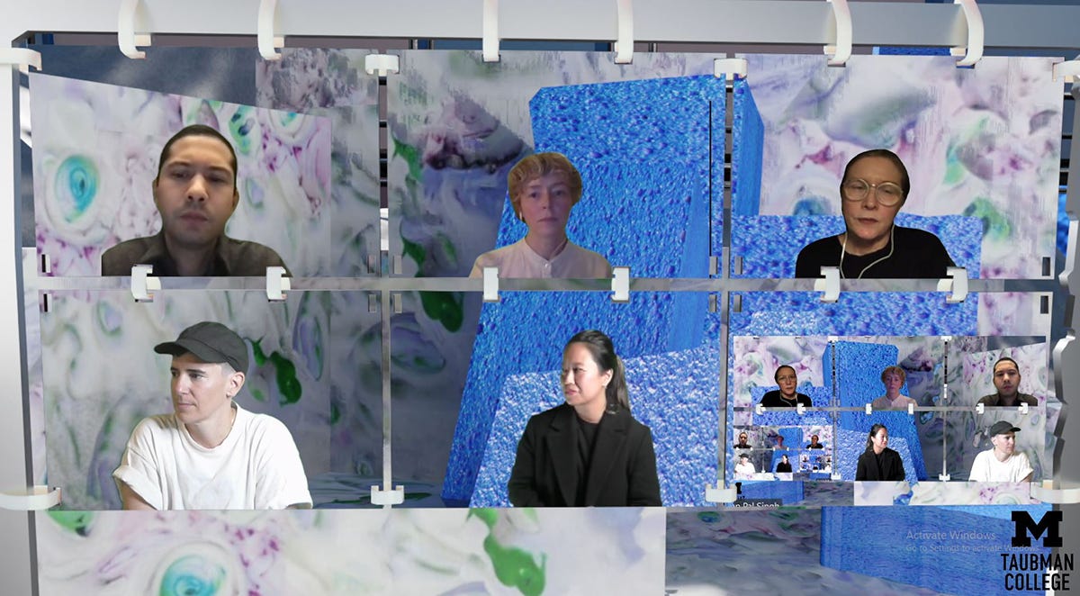 Six presenters shown against digital environment backgrounds. Six presenters shown against digital environment backgrounds.