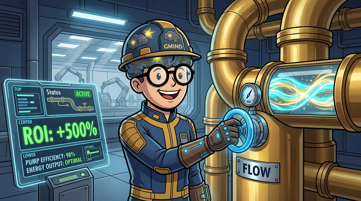 GMIND-BOY en ingénieur de l'Abri ajustant une valve de "Flow" pour optimiser le rendement industriel à +500%.