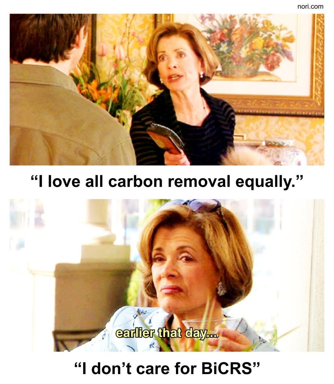 Two Arrested Development stills of Lucille Bluth. Top: "I love all carbon removal equally." Bottom, captioned "earlier that day...": "I don't care for BiCRS."